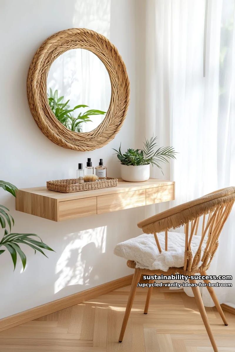 minimalist vanity from a floating shelf and round rattan mirror 1