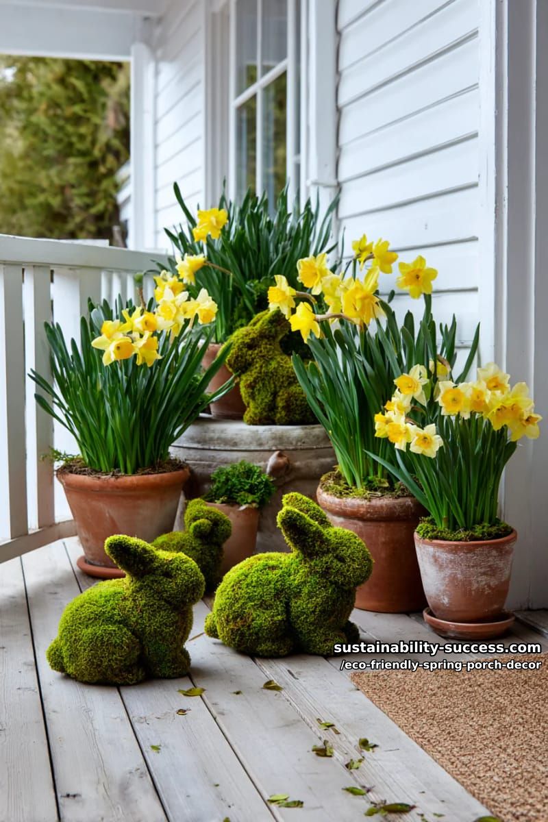 moss bunny sculptures surrounded by potted daffodils for a whimsical touch 1