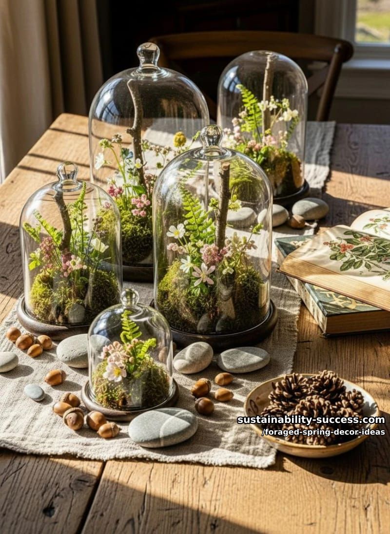 moss-filled glass cloches with foraged wildflowers and twigs for a woodland centerpiece 1