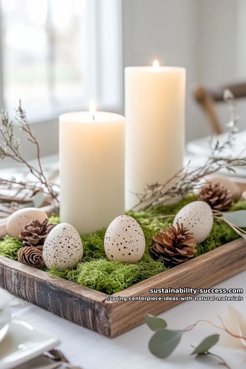 moss-filled wooden tray with pillar candles and scattered quail eggs 1