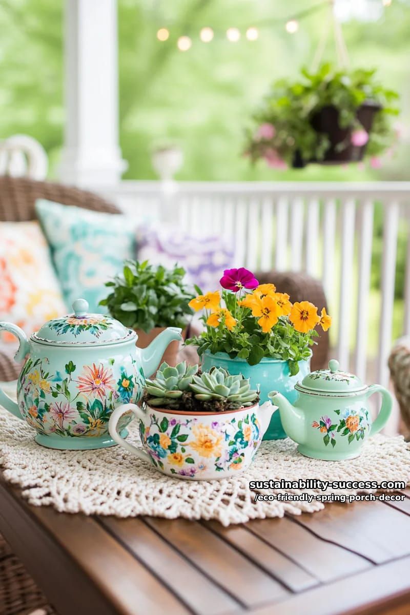old teapots turned into quirky planters for succulents and pansies 1