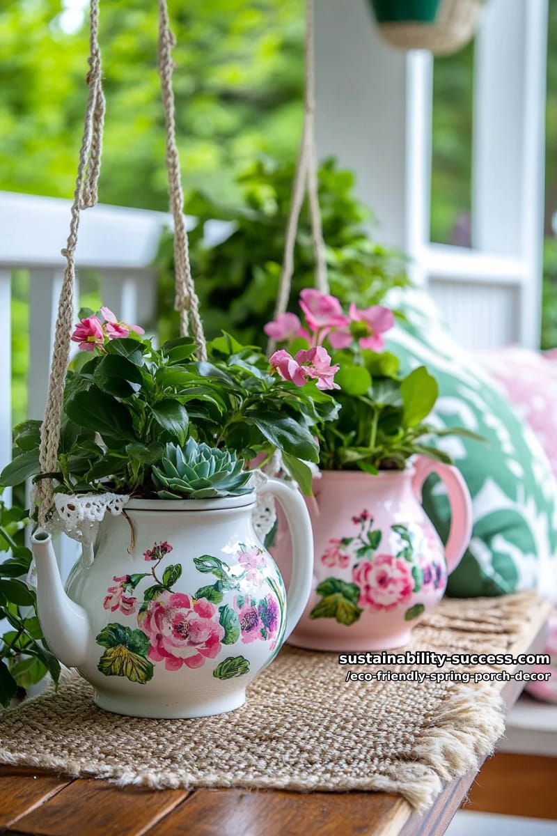 old teapots turned into quirky planters for succulents and pansies 1