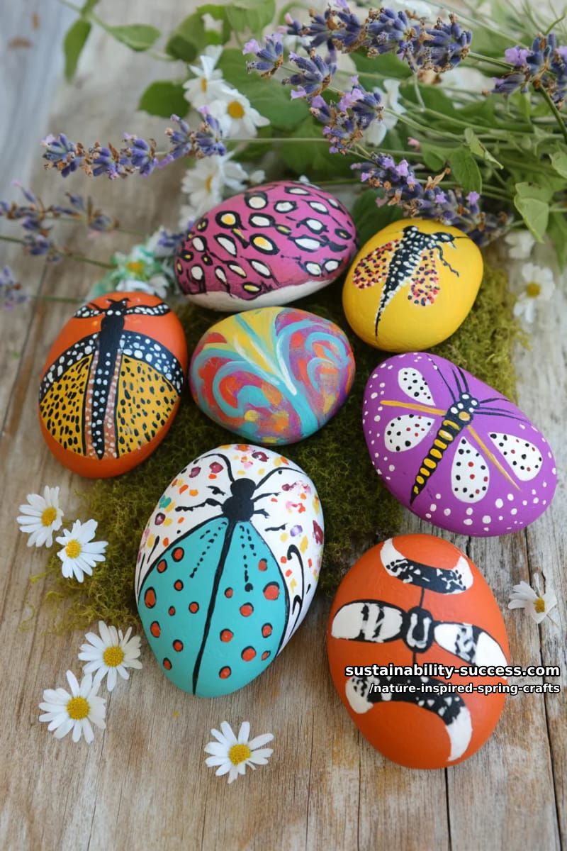 painted rock bugs and butterflies with vibrant spring colors 1
