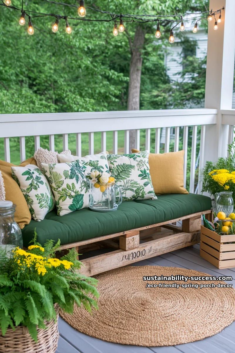 pallet bench with cozy cushions in botanical prints and potted ferns 1