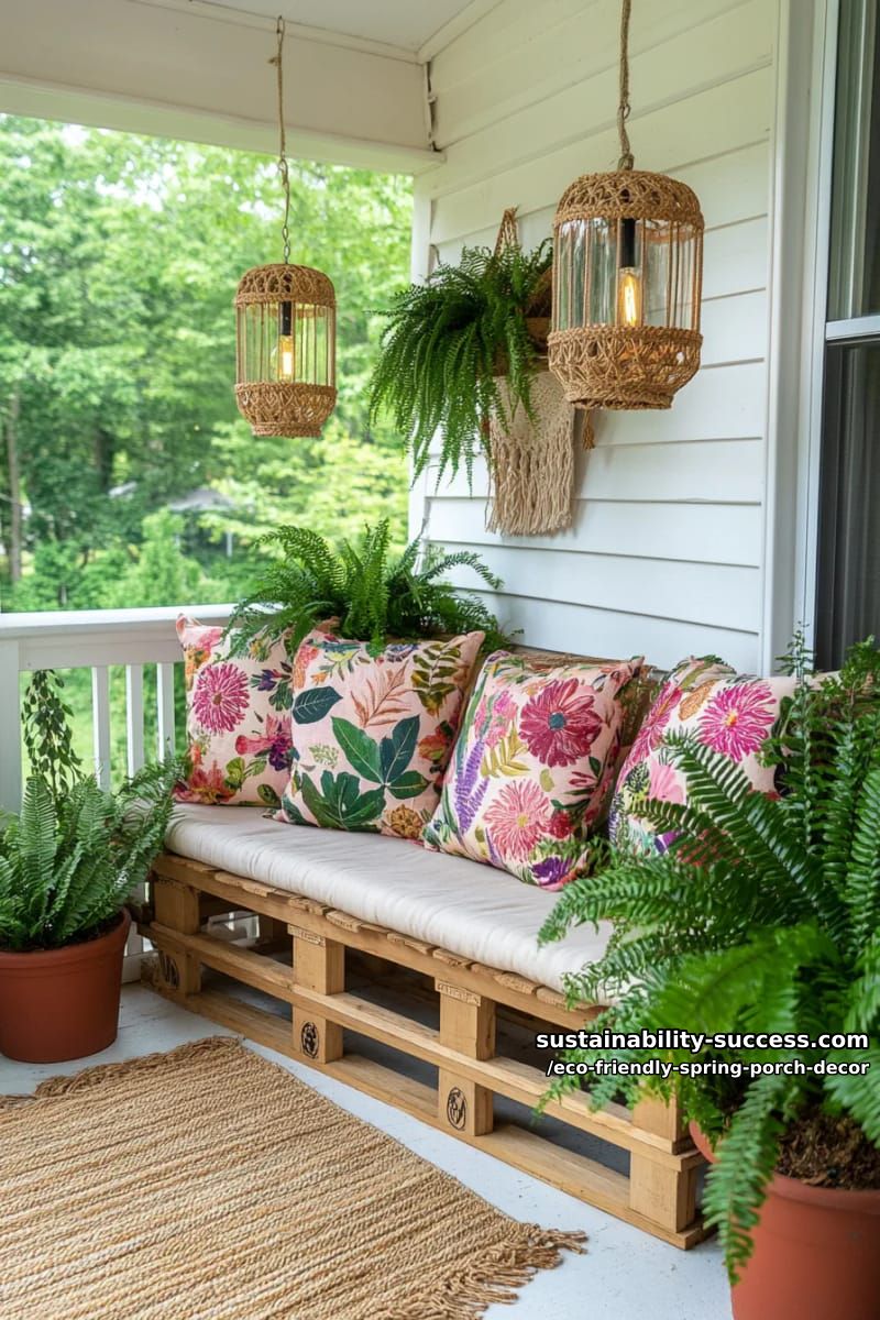pallet bench with cozy cushions in botanical prints and potted ferns 1