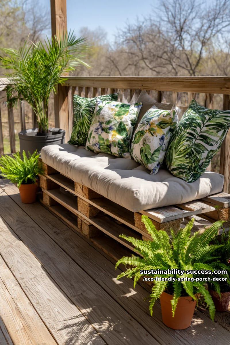 pallet bench with cozy cushions in botanical prints and potted ferns 1