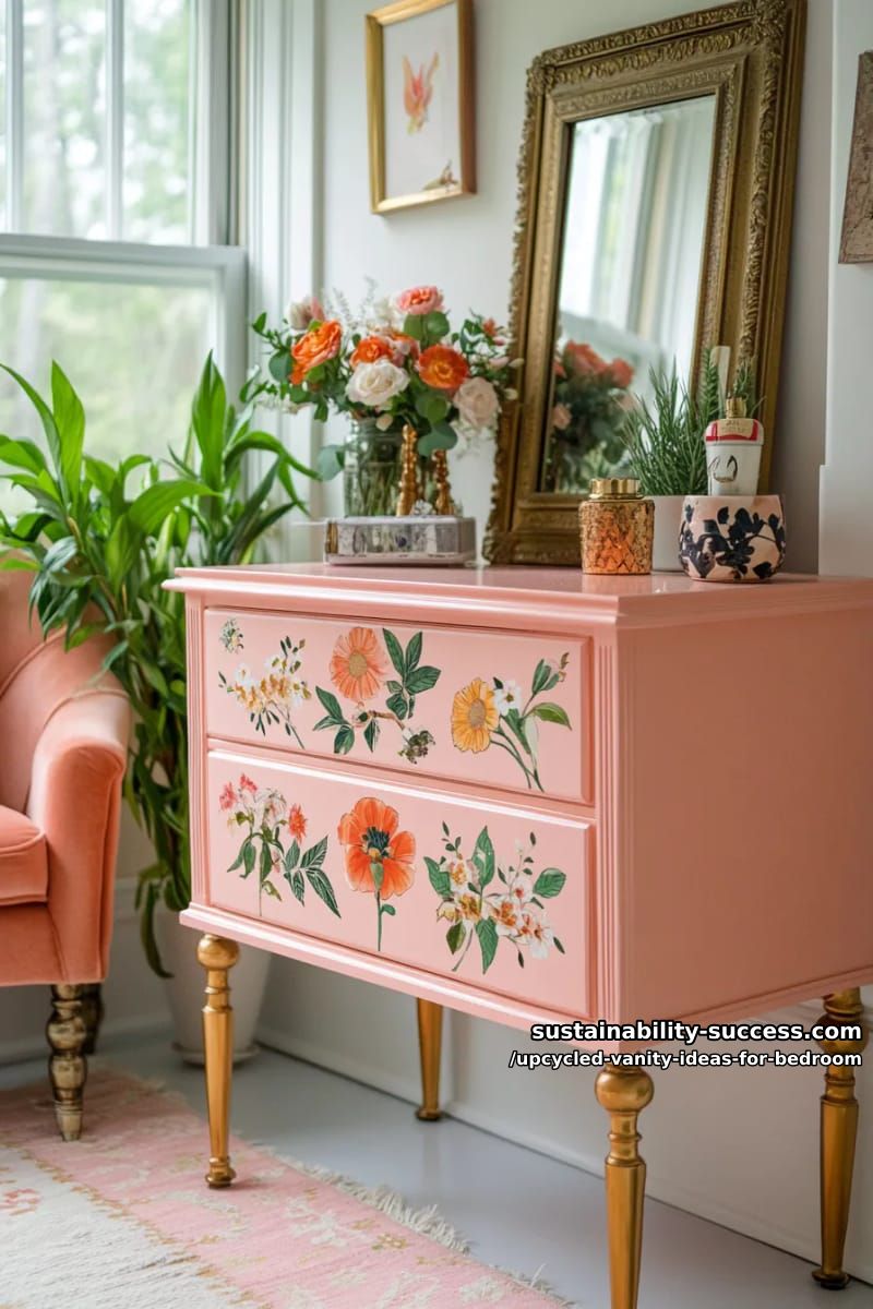 pink upcycled vanity with gold legs and floral drawer decals 1