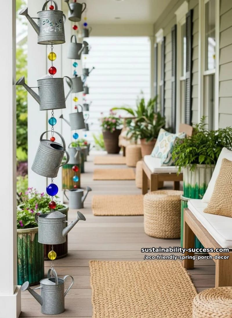 rain chains made from repurposed metal watering cans and colorful beads 1