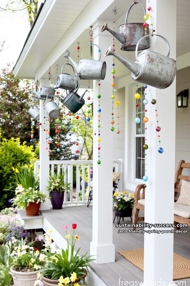 rain chains made from repurposed metal watering cans and colorful beads 1
