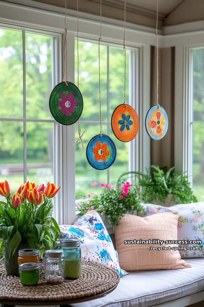 recycled cd suncatchers with painted spring designs 1