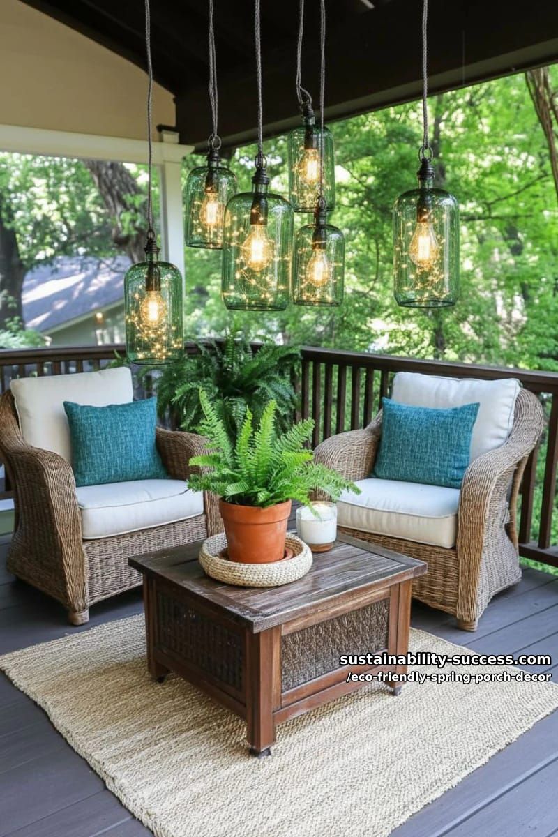 recycled glass bottle lanterns strung across the porch with solar fairy lights 1