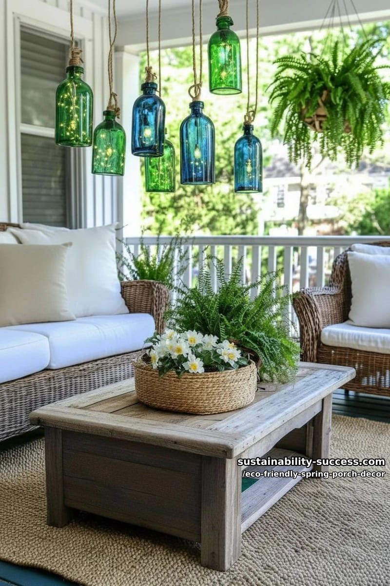 recycled glass bottle lanterns strung across the porch with solar fairy lights 1