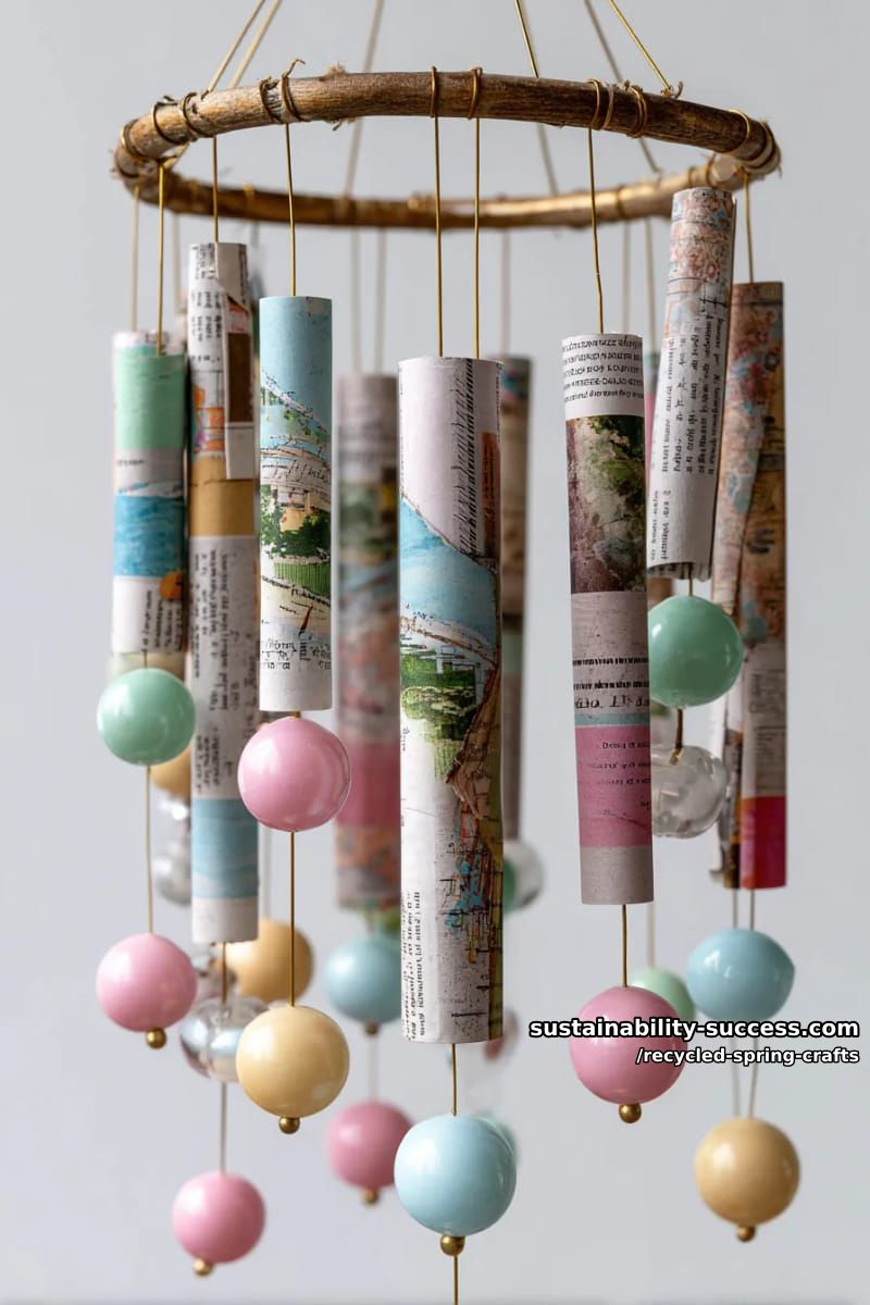 recycled magazine paper wind chimes with pastel beads 1
