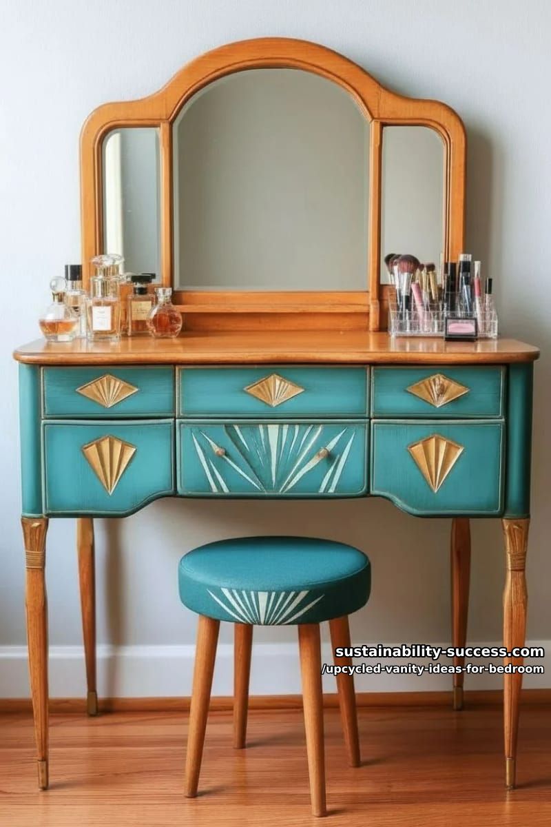 refinished art deco vanity in teal with geometric gold accents 1