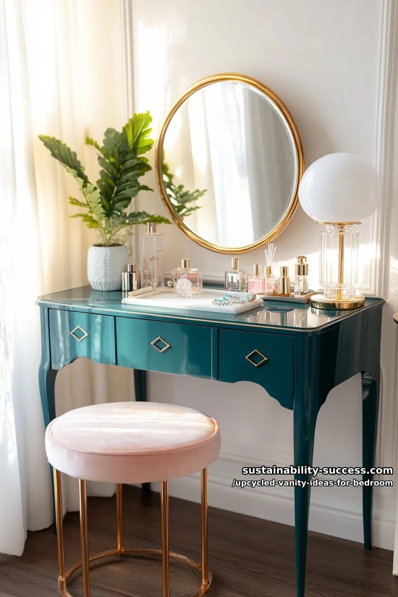 refinished art deco vanity in teal with geometric gold accents 1