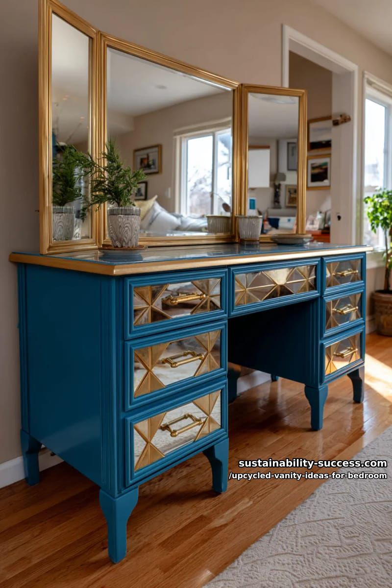 refinished art deco vanity in teal with geometric gold accents 1