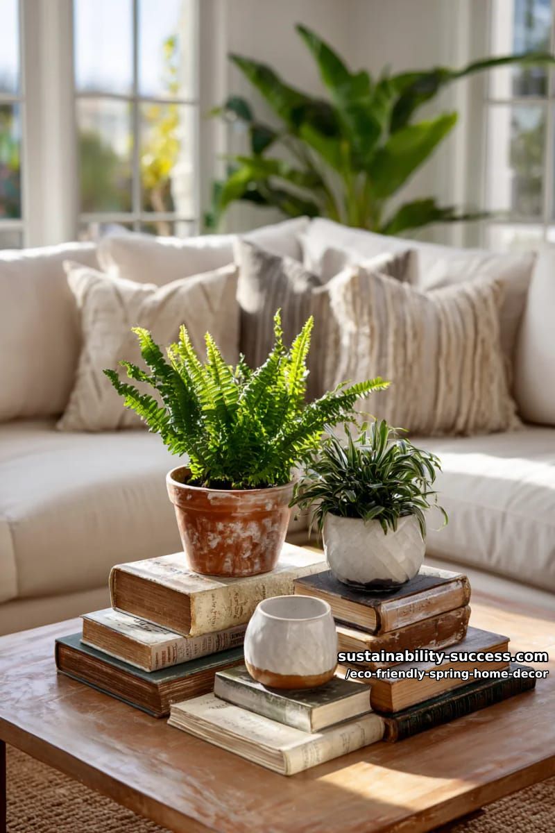 repurpose old books as bases for stacked potted plants on a coffee table 1