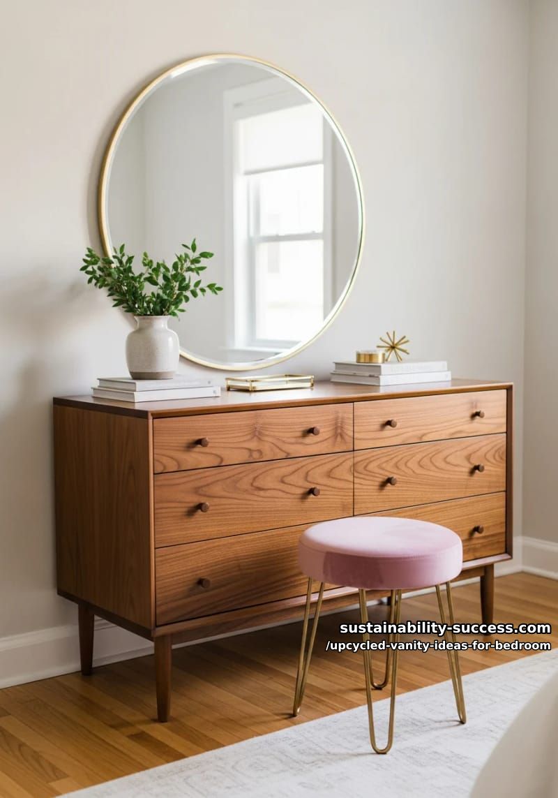 repurposed mid-century dresser with round gold mirror and pink velvet stool 1
