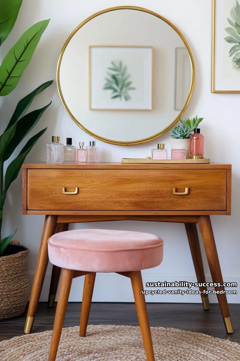 repurposed mid-century dresser with round gold mirror and pink velvet stool 1