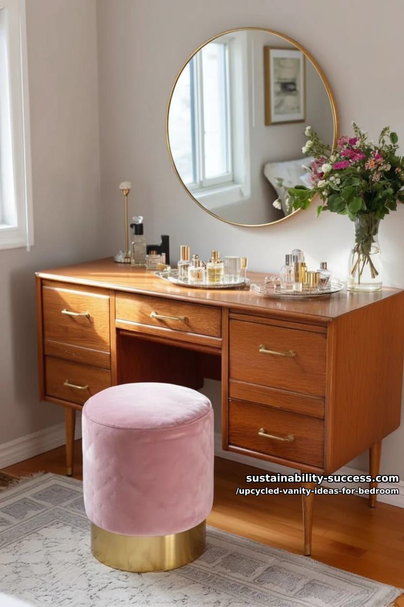 repurposed mid-century dresser with round gold mirror and pink velvet stool 1