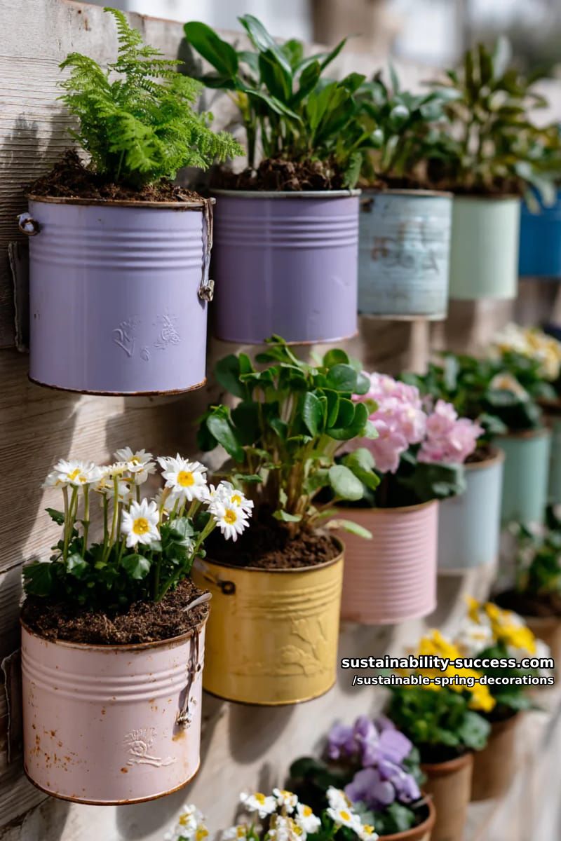 repurposed tin cans transformed into vertical garden wall art 1