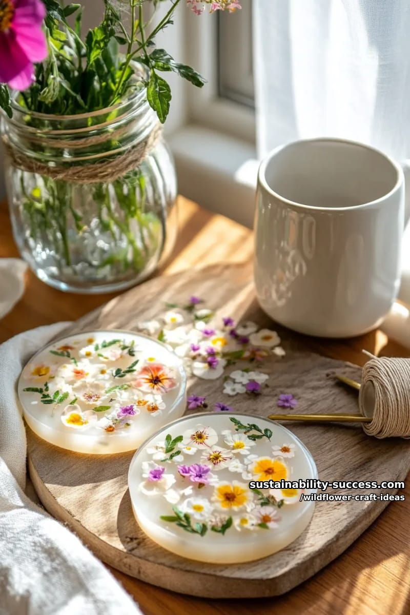 resin coasters embedded with colorful wildflowers and dainty leaves 1