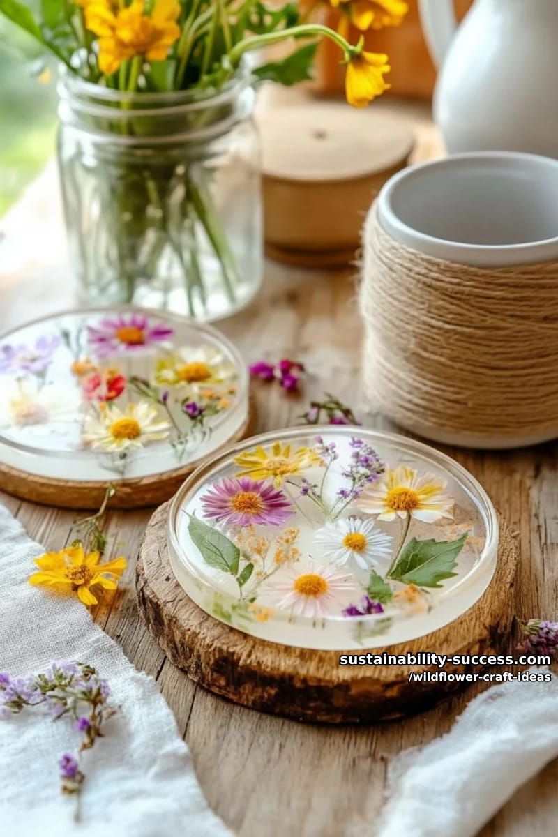 resin coasters embedded with colorful wildflowers and dainty leaves 1