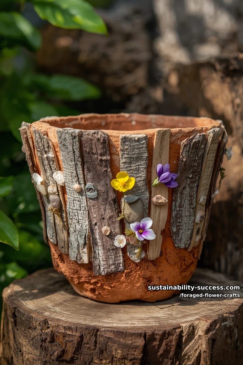 rustic flower pot decorated with bark, pebbles, and tiny pressed flowers 1