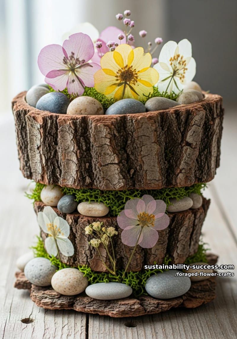 rustic flower pot decorated with bark, pebbles, and tiny pressed flowers 1
