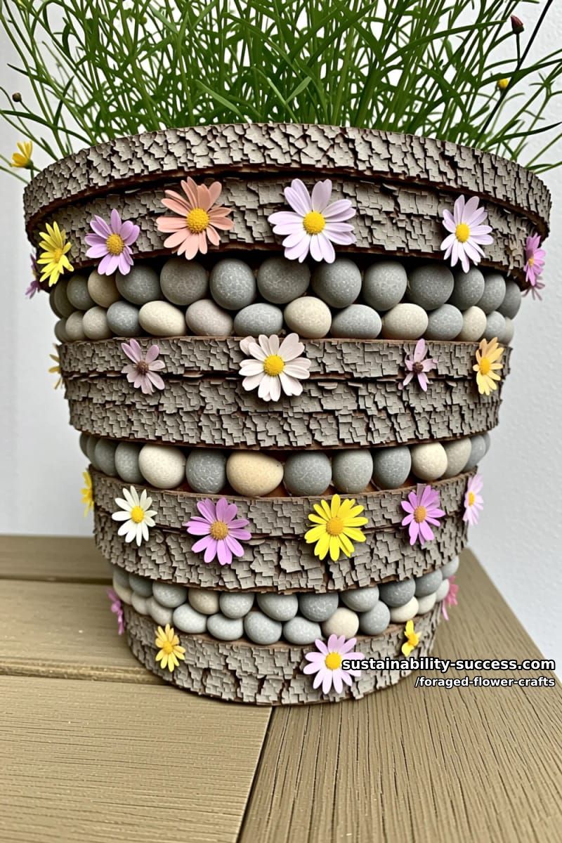 rustic flower pot decorated with bark, pebbles, and tiny pressed flowers 1