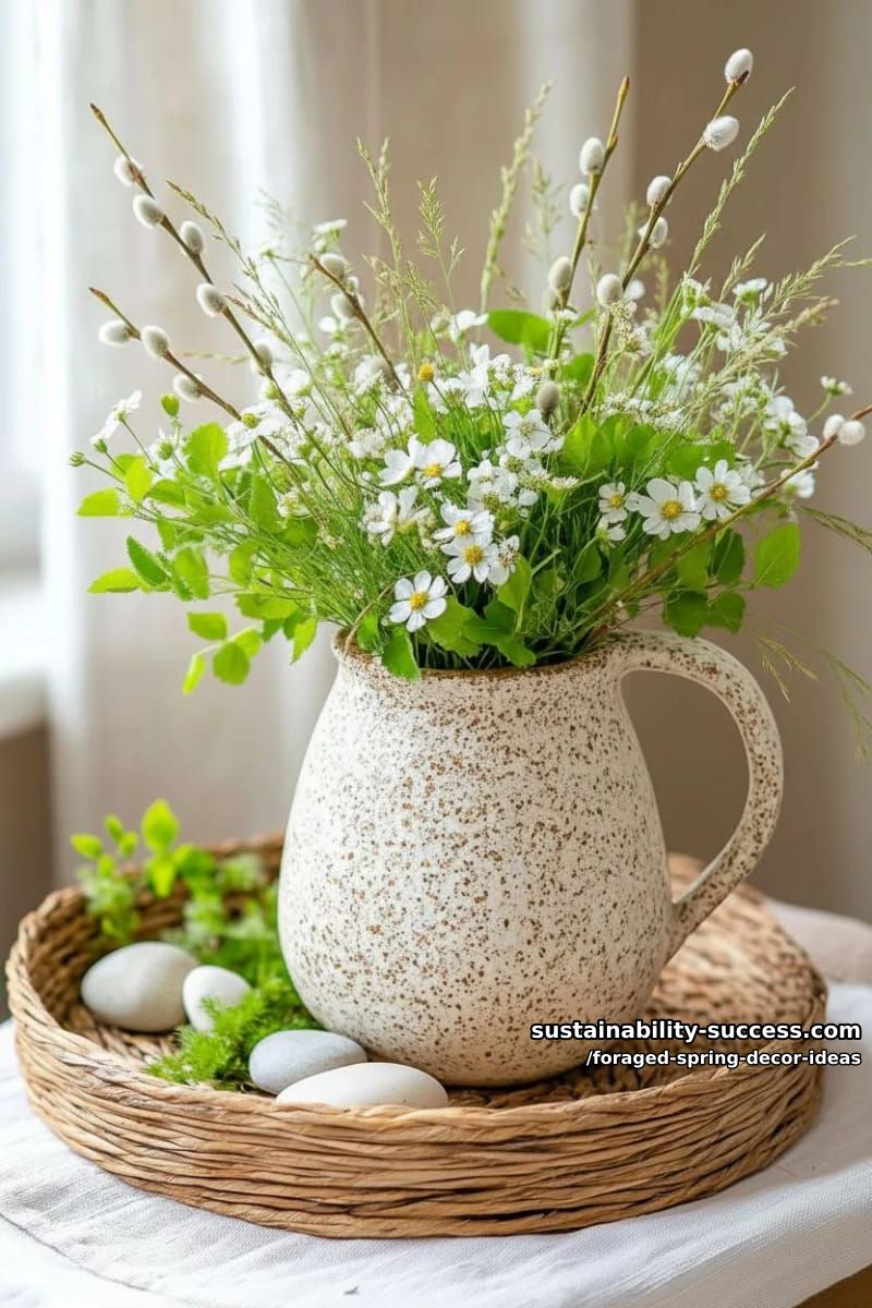 rustic spring bouquet in a ceramic jug, mixing pussy willow and meadow grasses 1