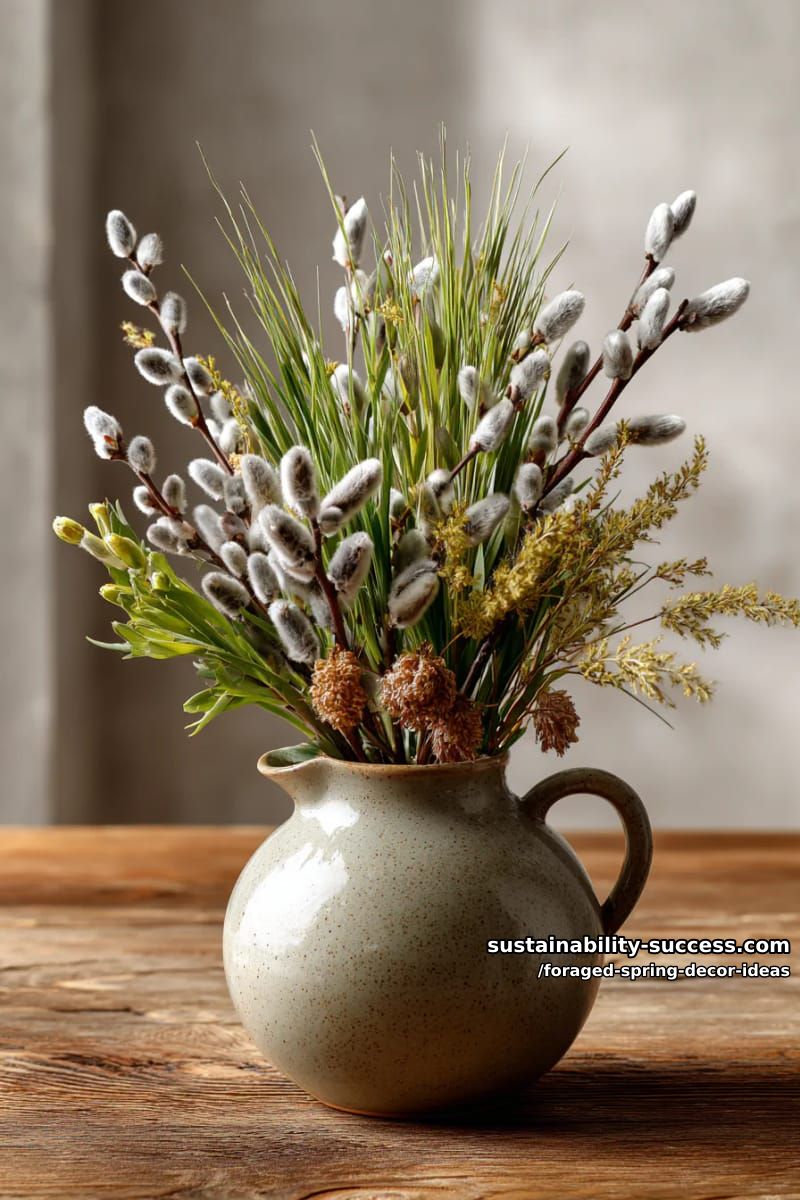 rustic spring bouquet in a ceramic jug, mixing pussy willow and meadow grasses 1