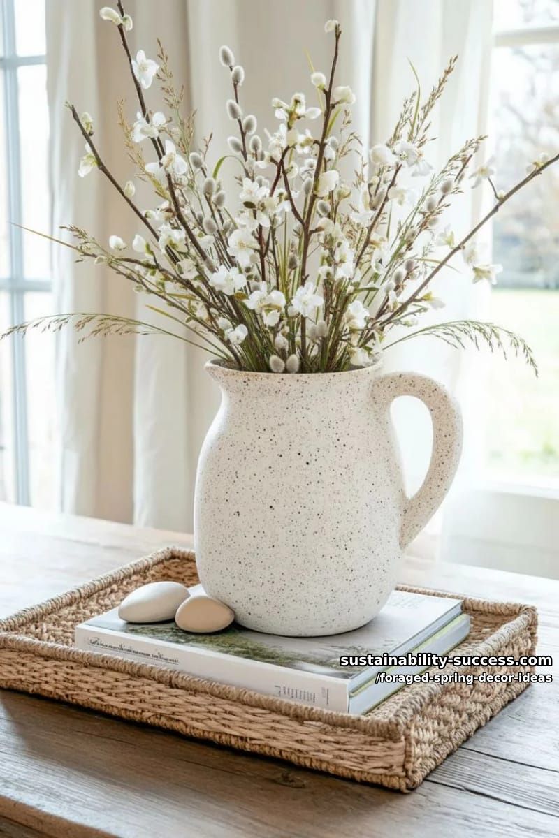 rustic spring bouquet in a ceramic jug, mixing pussy willow and meadow grasses 1