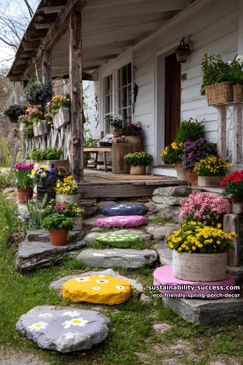 stepping stones painted like bright spring flowers leading to the porch 1