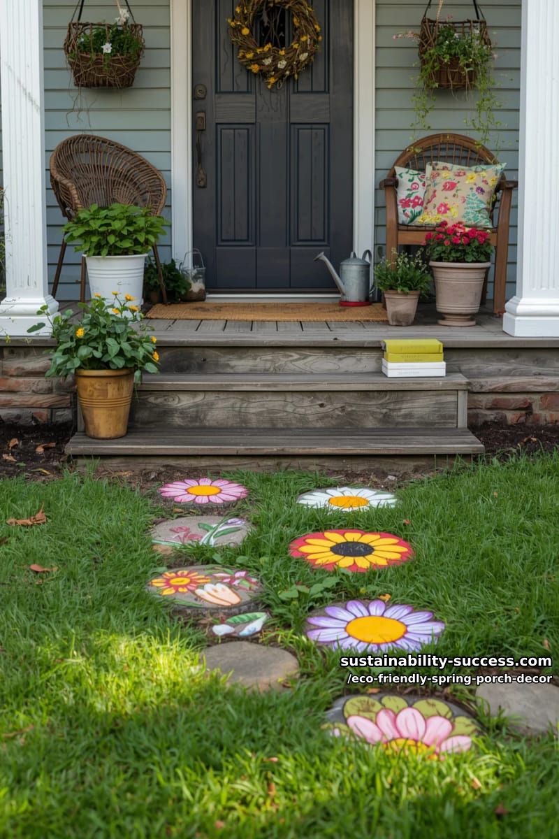 stepping stones painted like bright spring flowers leading to the porch 1
