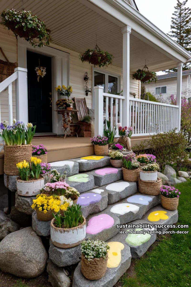 stepping stones painted like bright spring flowers leading to the porch 1