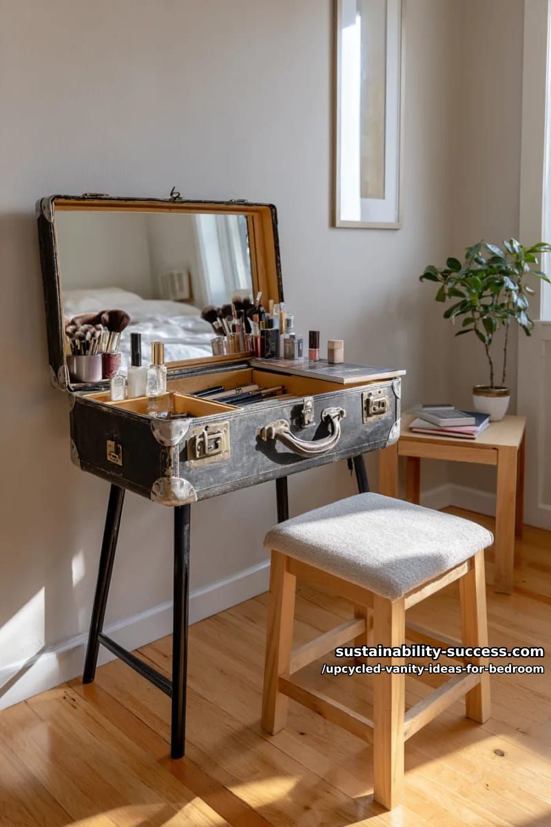 suitcase vanity table with hairpin legs and upcycled leather handles 1