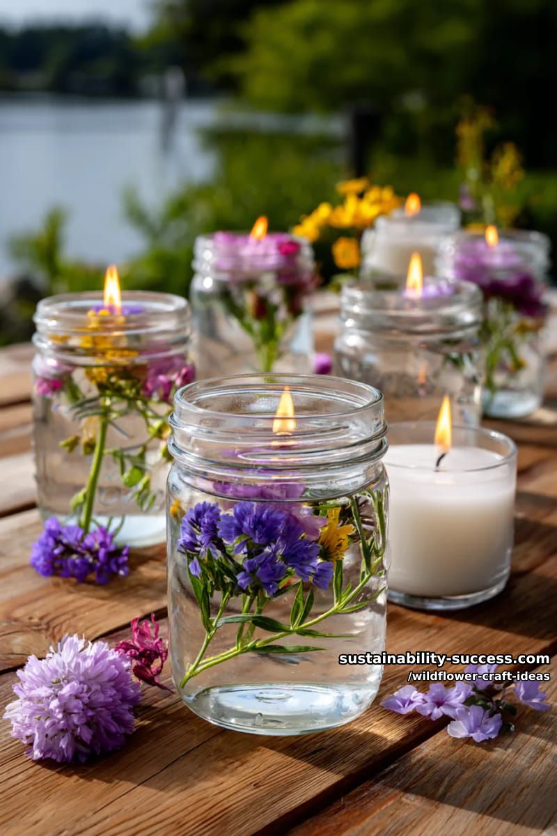 table centerpiece jars filled with water, floating wildflowers, and candles 1