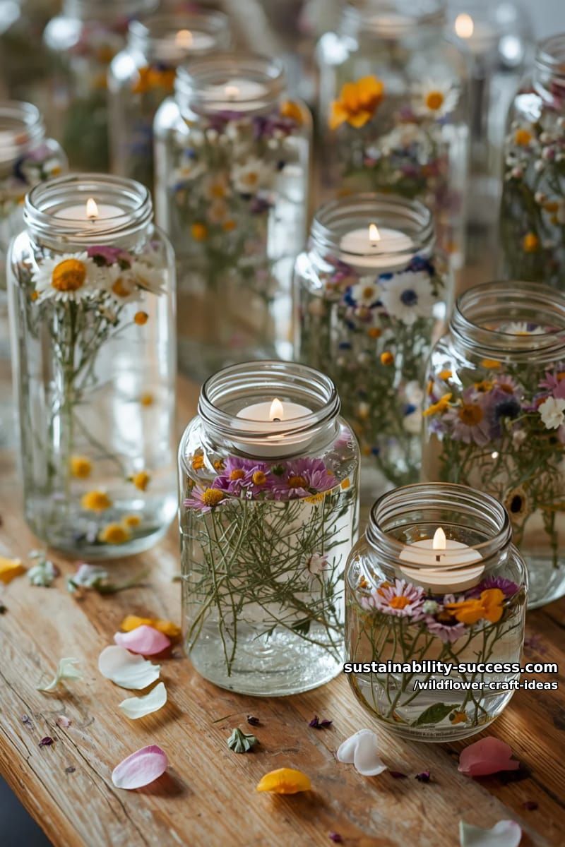 table centerpiece jars filled with water, floating wildflowers, and candles 1