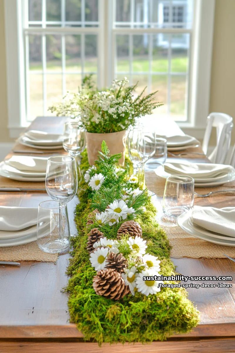 table runner of layered moss, pinecones, and scattered wild daisies 1