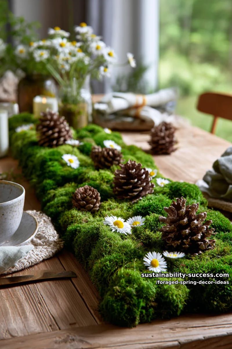 table runner of layered moss, pinecones, and scattered wild daisies 1