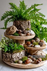 tiered tray display with foraged bark, ferns, and tiny woodland treasures 34