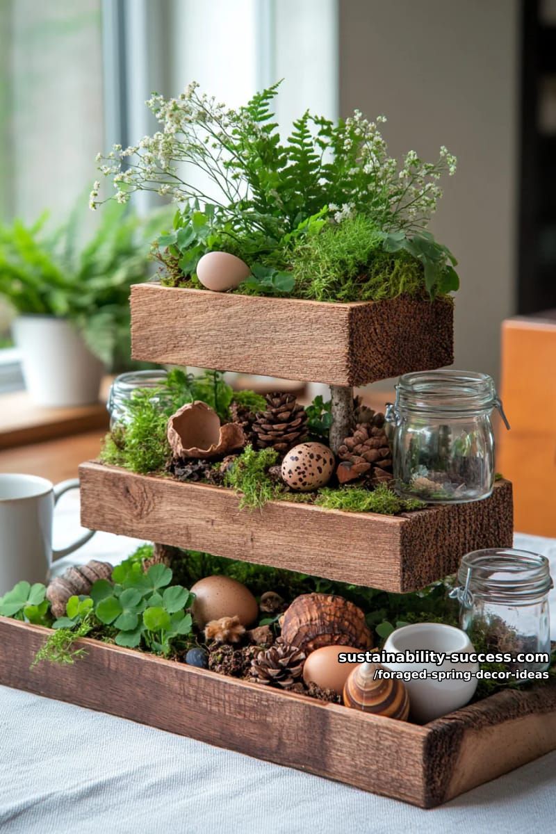 tiered tray display with foraged bark, ferns, and tiny woodland treasures 1