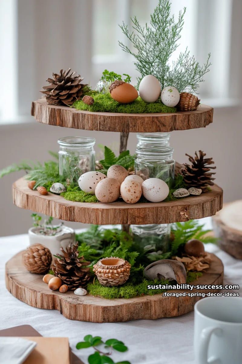 tiered tray display with foraged bark, ferns, and tiny woodland treasures 1