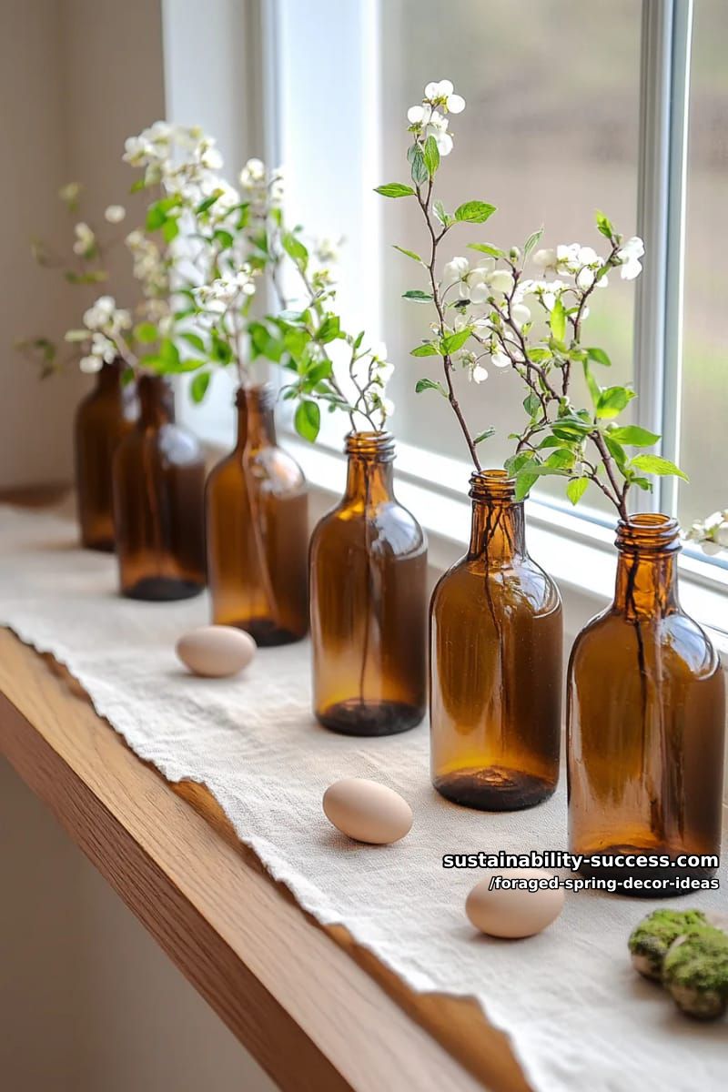upcycled amber glass bottles displaying branches of budding spring leaves 1