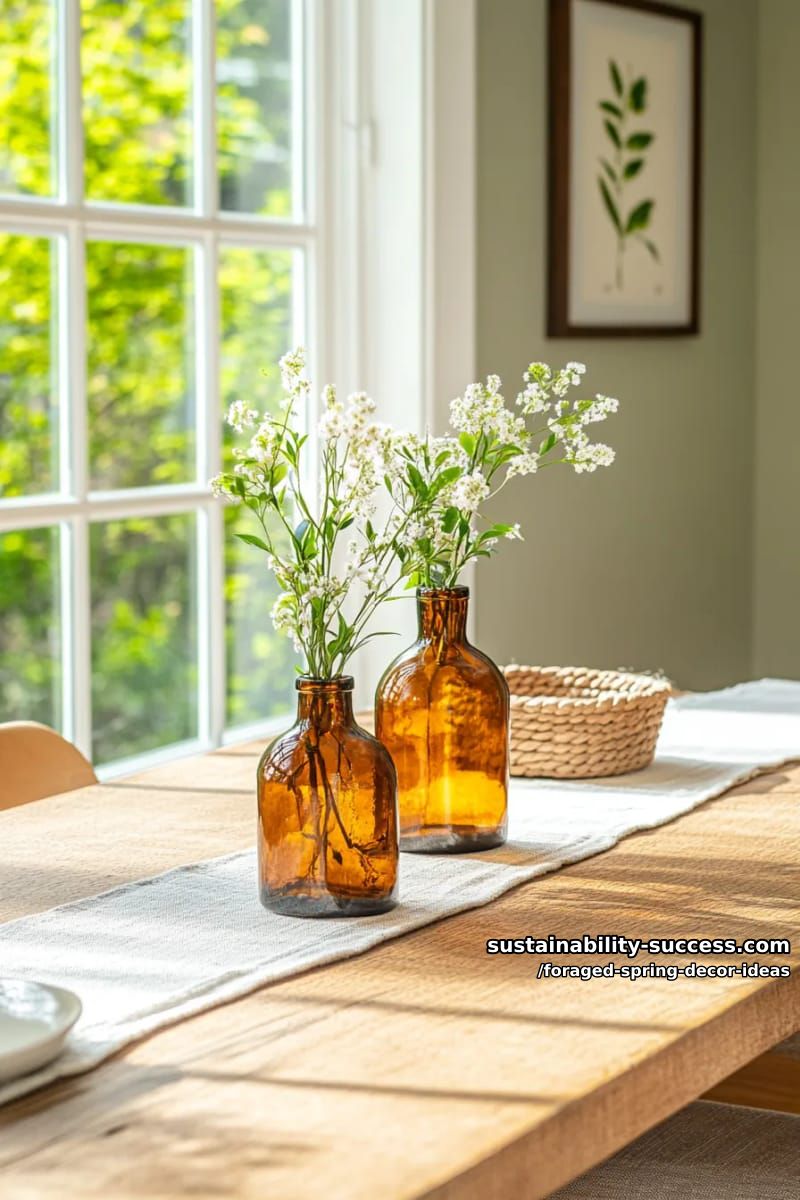 upcycled amber glass bottles displaying branches of budding spring leaves 1