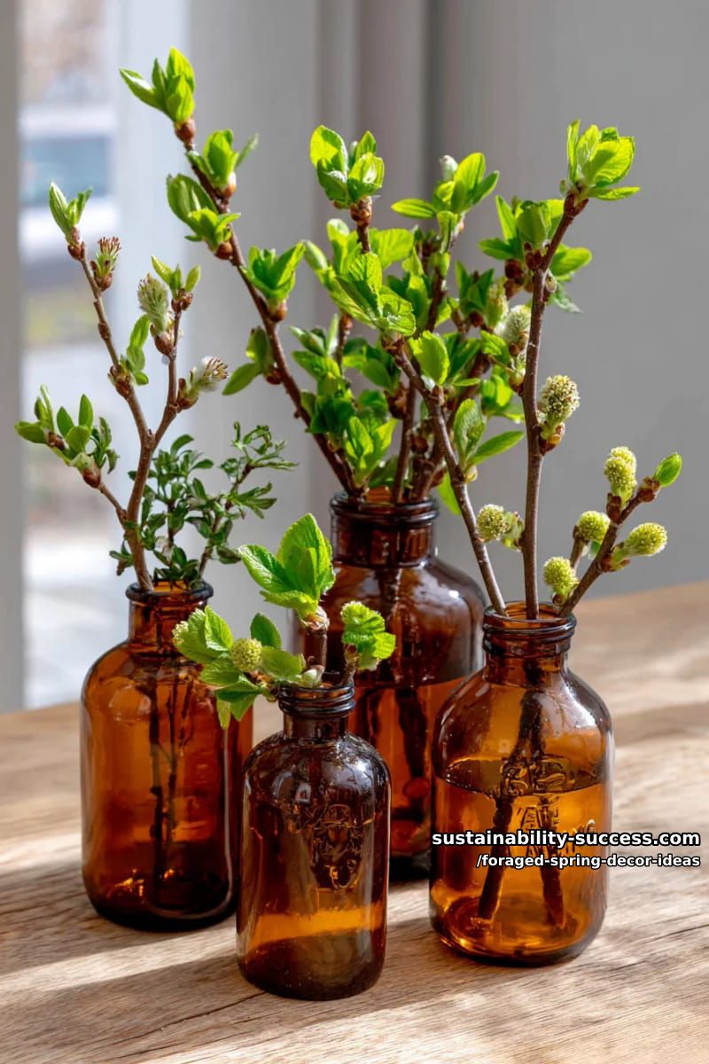 upcycled amber glass bottles displaying branches of budding spring leaves 1
