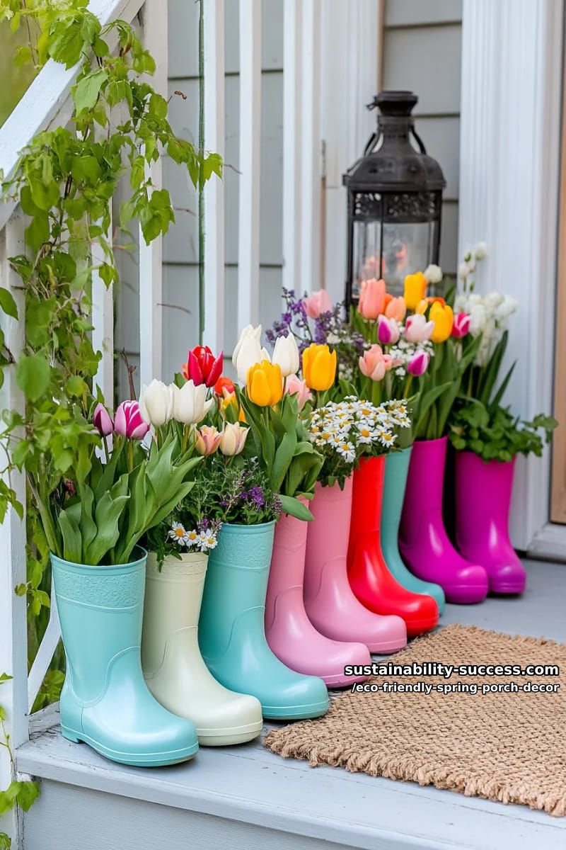 upcycled rain boots bursting with colorful spring flowers on porch steps 1