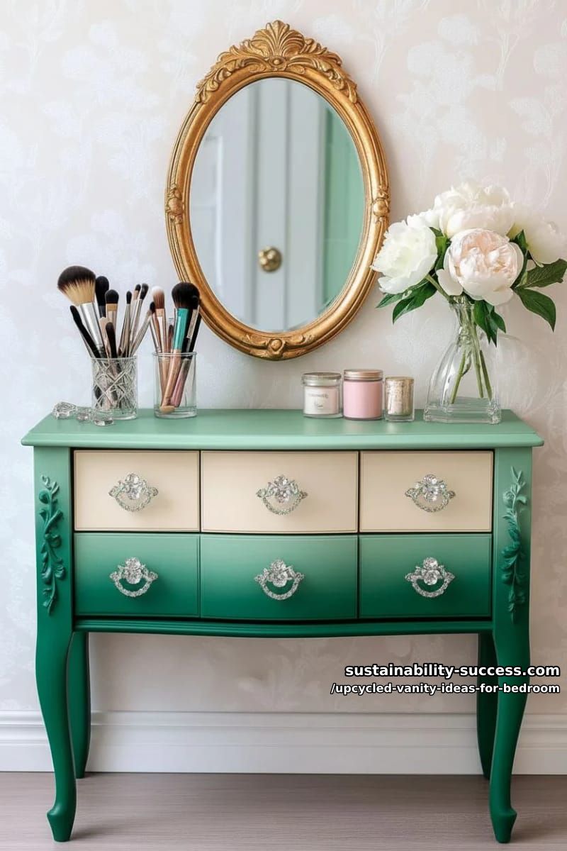 upcycled vanity with ombre painted drawers and crystal drawer pulls 1