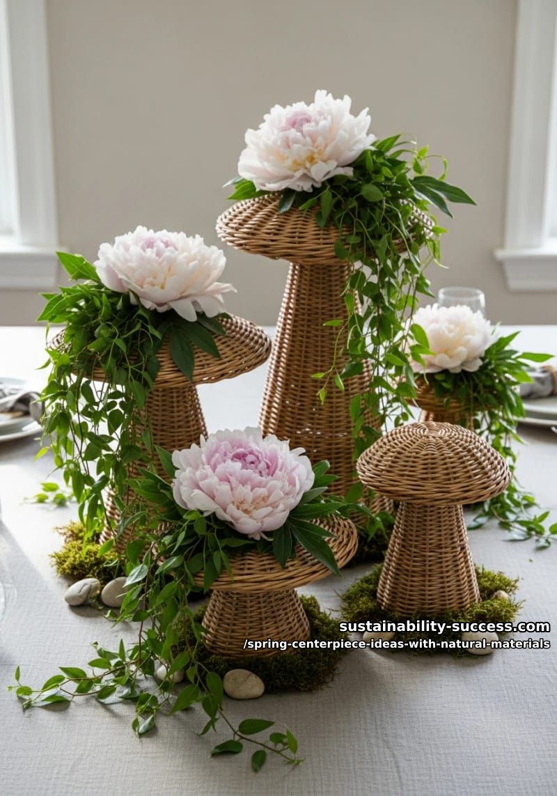 upturned mushroom baskets with hanging leafy vines and peonies 1